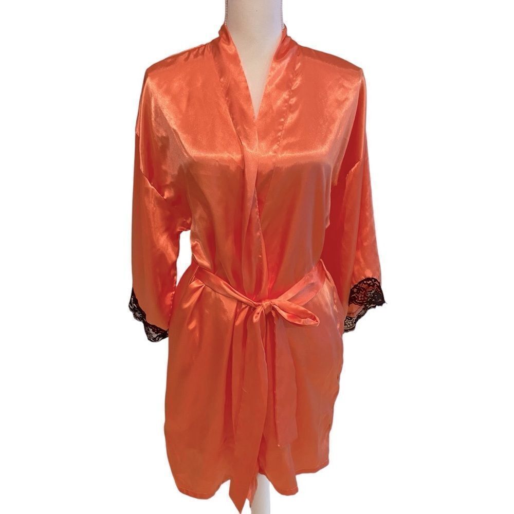 Frederick’s of Hollywood Orange Black Lace Satin Robe Size Medium